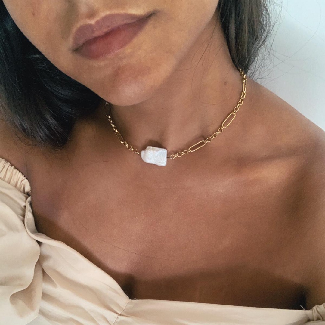 שרשרת סטנסטיל עם פנינה אמיתית