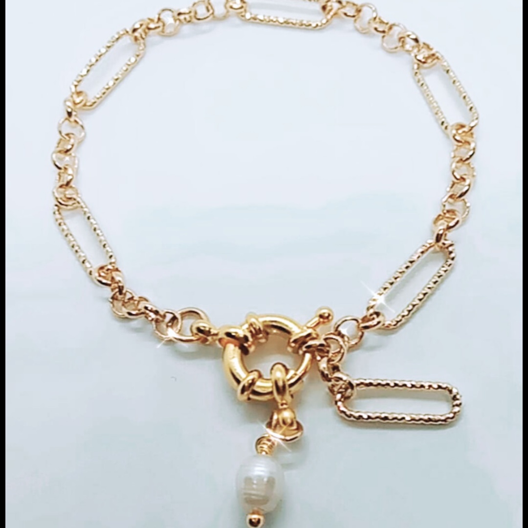 צמיד זהב סטנלסטיל עם פנינה אמיתית